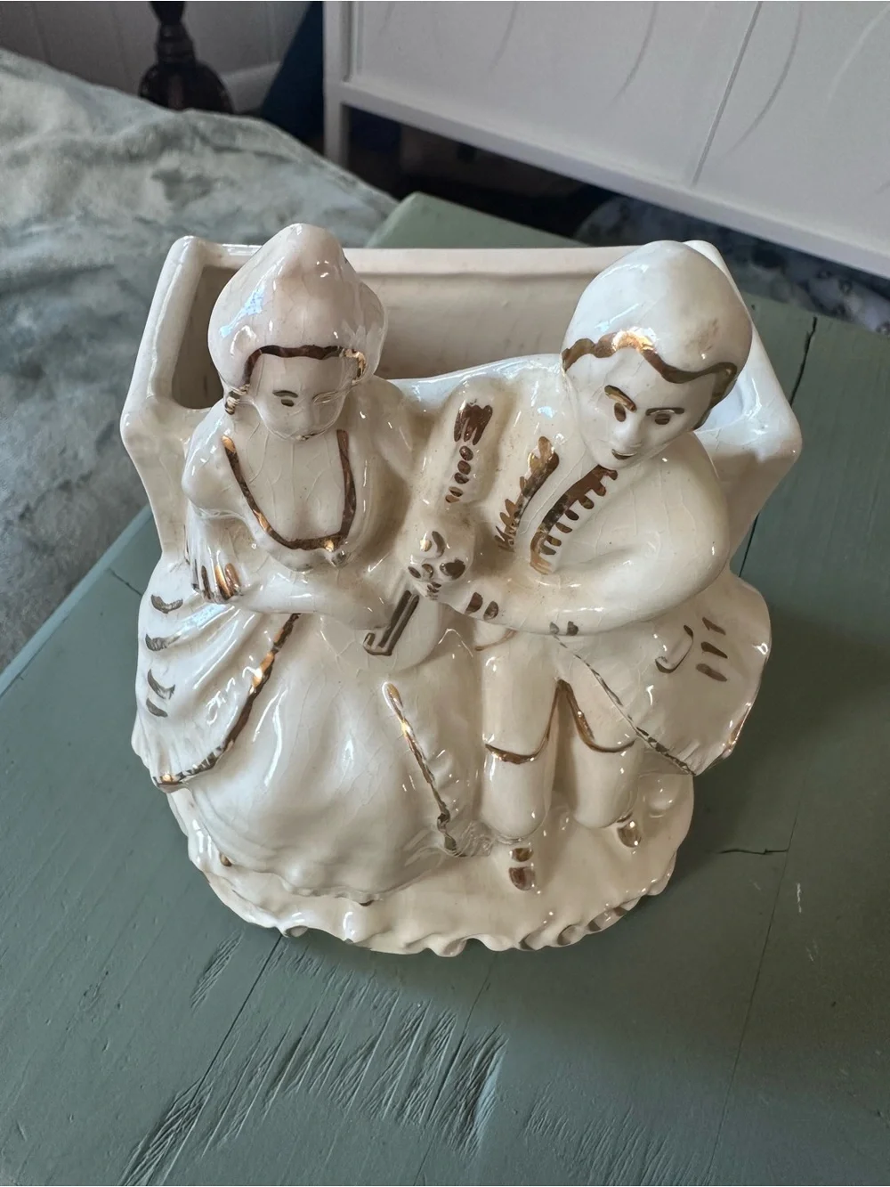Vintage Ceramic Victorian-Couple Planter with Gold Accents
